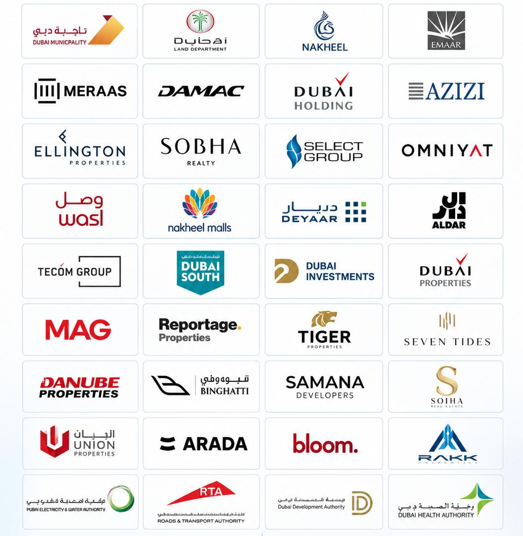 Logos of Fortress Surveying clients including Dubai Municipality, Dubai Land Department, Nakheel, Emaar, Meraas, Damac and others