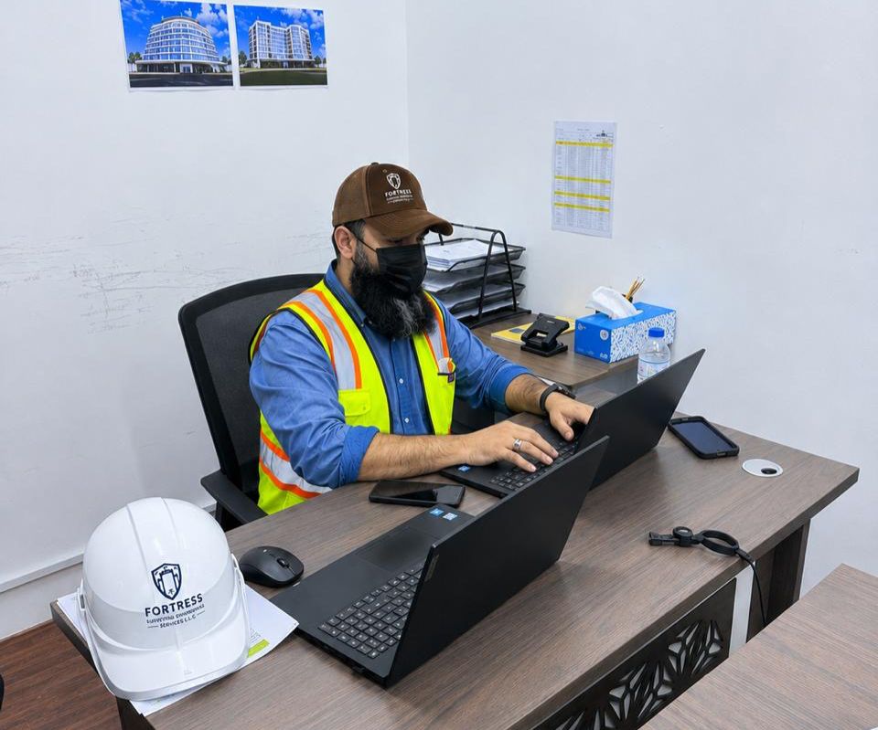 Fortress Surveying engineer processing field data at the office