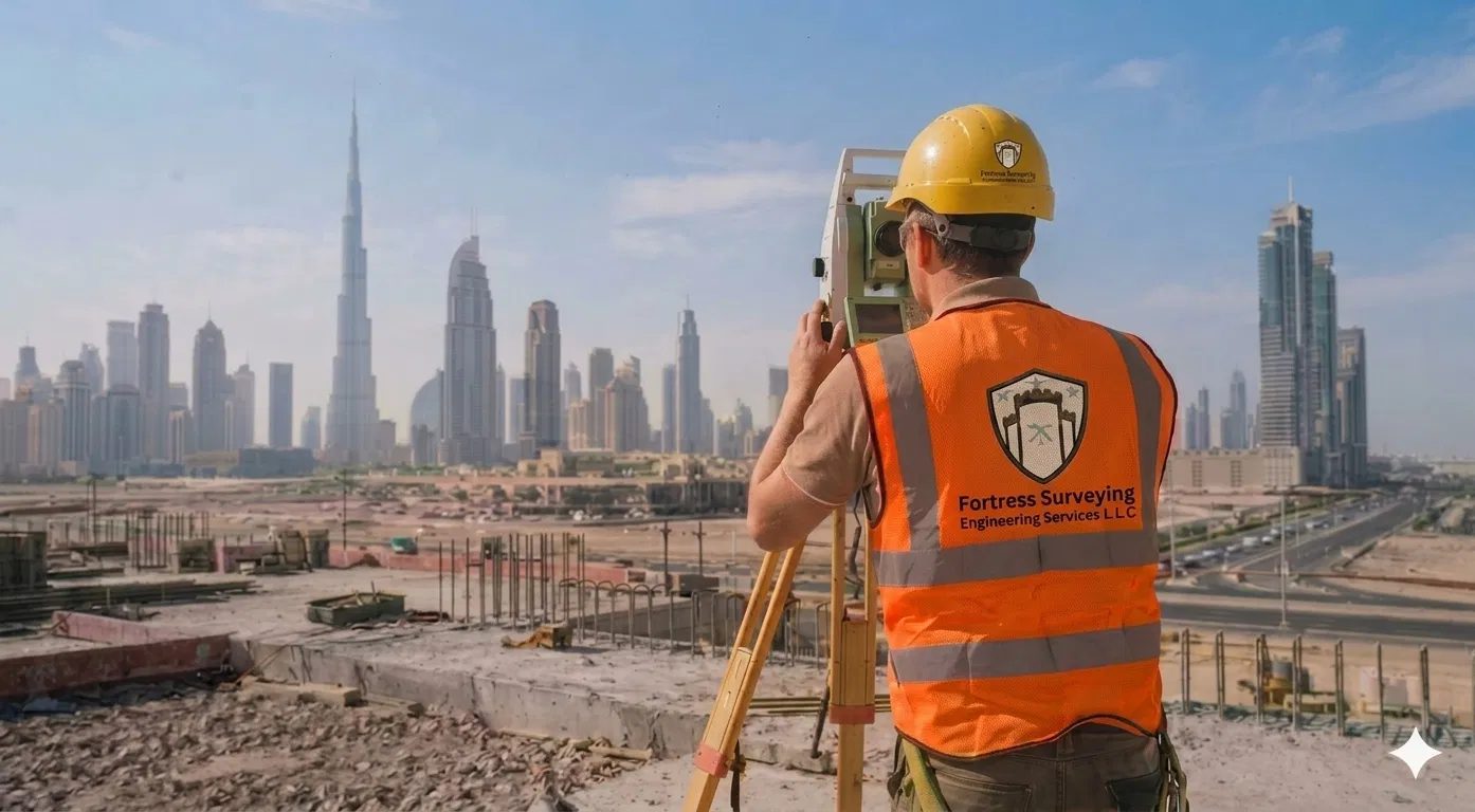 Fortress Surveying engineer with total station overlooking Dubai skyline